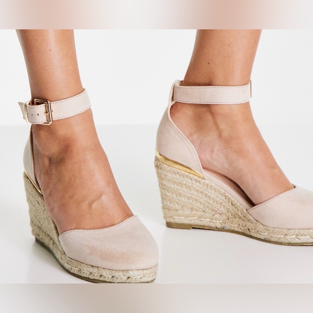 Truffle Collection Nude Micro Ankle Strap Jute Platform Wedges, Beige Size 38